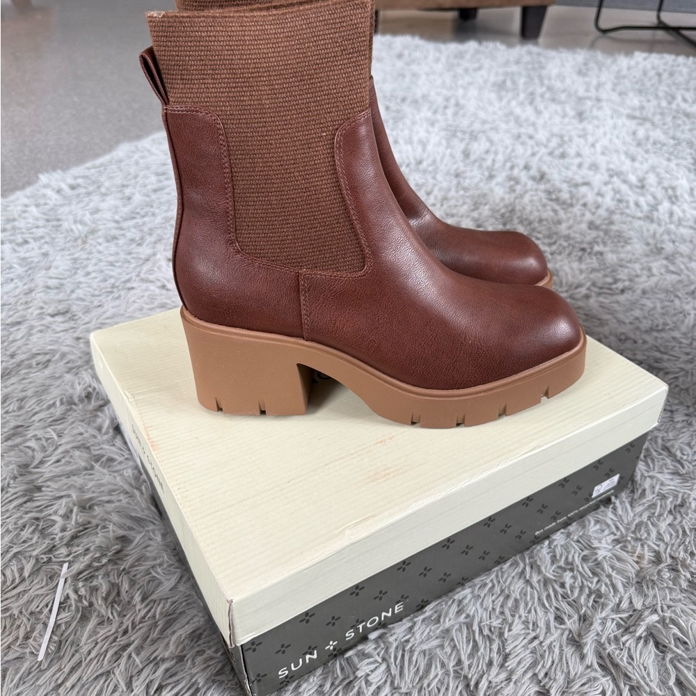 Sun + Stone Brown Ankle Boots with Chunky Heel